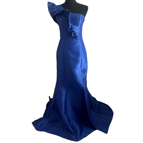 TARIK EDIZ 2 Formal Gown $438 Dress Ruffle One Shoulder Size 2 Royal Blue 50774 - Picture 2 of 10